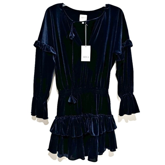 MISA Los Angeles | Lorena Blue Velvet Long Sleeve Ruffle Mini Dress Size XS NWT - Picture 4 of 10
